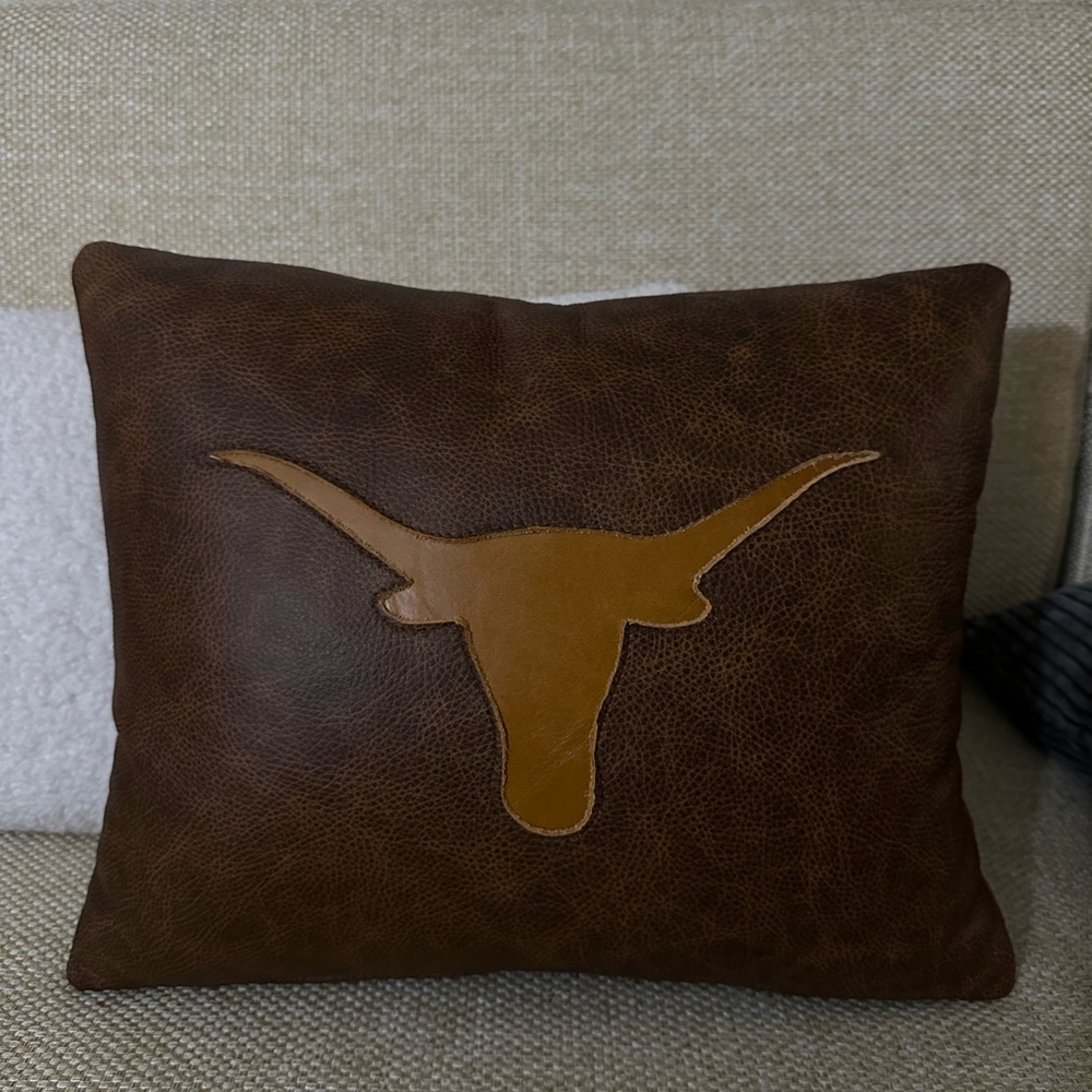 Brown Leather Throw Pillow with Bull Design